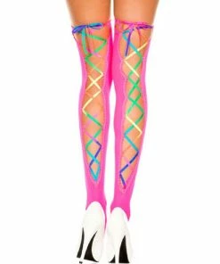 Music Legs Rainbow Ribbon Lacing Neon Pink Opaque Stocking Thigh Hi - O/S Lingerie