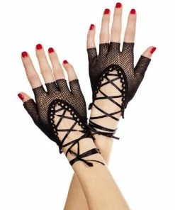 Music Legs Lingerie Fishnet Gloves With Lace Up Ties - Black - O/S