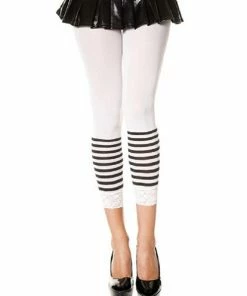 Music Legs Lingerie Opaque Legging With Stripes & Lace Trim - White - O/S