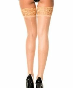 Music Legs Sheer Back Seam Thigh Hi Stocking W/ Lace Top - Beige - O/S Lingerie