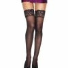 Music Legs Sheer Spandex Lace Top Thigh Hi W/ Silicone Grips - Black - O/S Lingerie