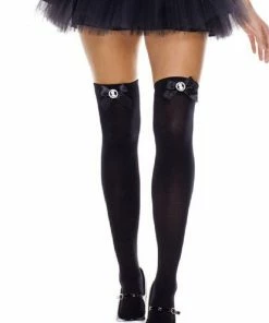 Music Legs Opaque Thigh Hi & Cameo On Satin Bow - Black - O/S