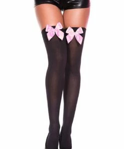 Music Legs Opaque Stay Up Thigh Hi & Satin Bow Detail - Black/Pink - O/S Lingerie