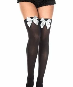 Music Legs Opaque Stay Up Thigh Hi & Satin Bow Detail - Black/White - O/S Lingerie
