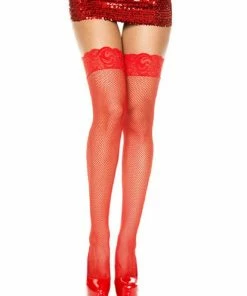 Music Legs Fishnet Thigh Hi W/ Lace Trim - Red - O/S Lingerie