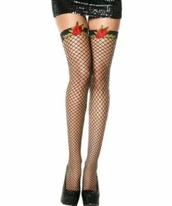 Music Legs Lycra Fence Net Thigh Hi W/ Rose Details & Lace Top - Black - O/S Lingerie