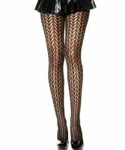 Music Legs Lingerie Seamless Mesh Stripes & Feather Design Pantyhose - Black - O/S