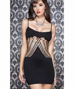 Music Legs Seamless Opaque Mini Dress W/ Oval Net Design - Black - O/S Lingerie